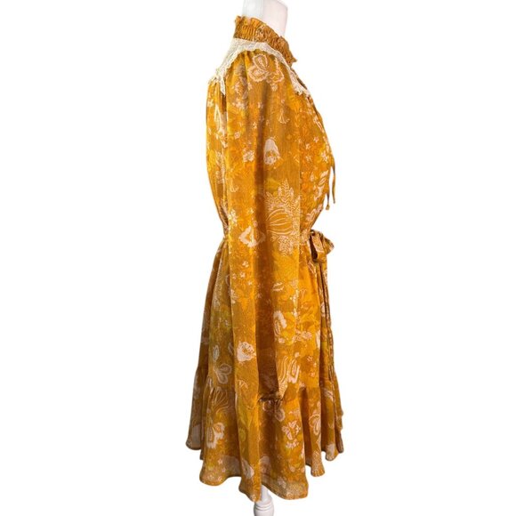 Tahari ASL Lace-Trim BOHO Tiered Split-Neck Dress in Mustard/Ivory Womens Size 4 - Picture 6 of 11